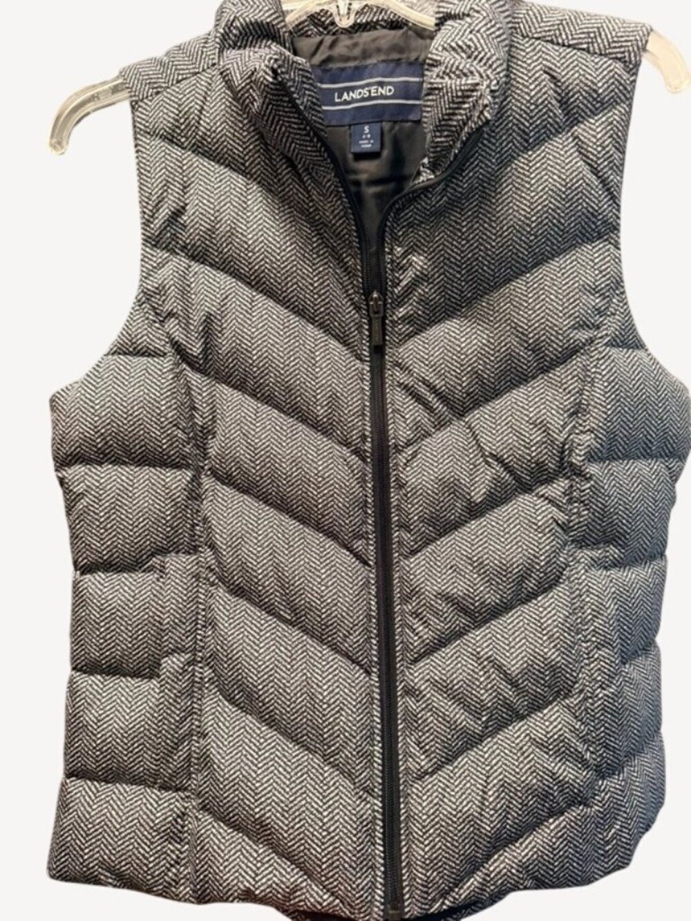 Lands’ End Women’s Puffer Vest Small Black White Herringbone Full Zip Quilted - Picture 1 of 6